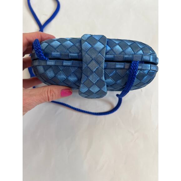 REGALE SMALL BLUE SATIN INTRECCIATO CLUTCH CROSSBODY PURSE WITH CORD STRAP - Picture 6 of 13